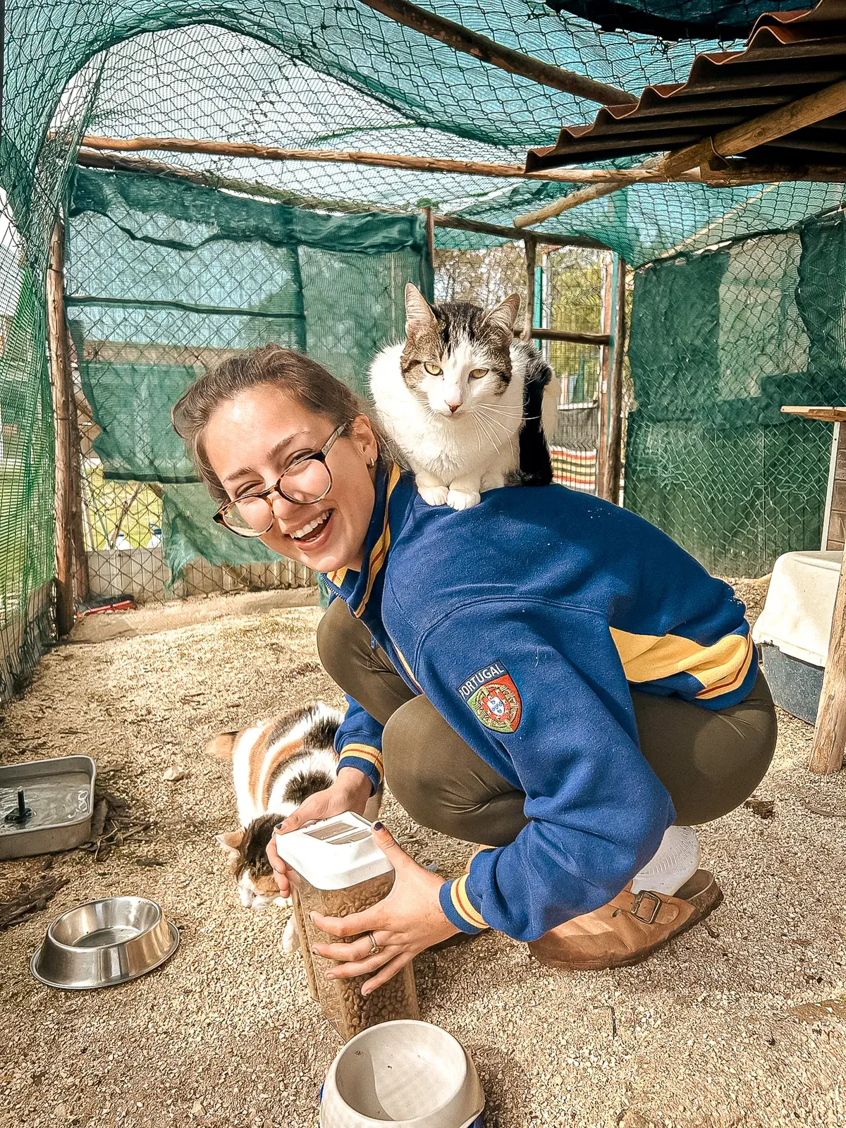 Victor perched on a smiling volunteer's shoulder